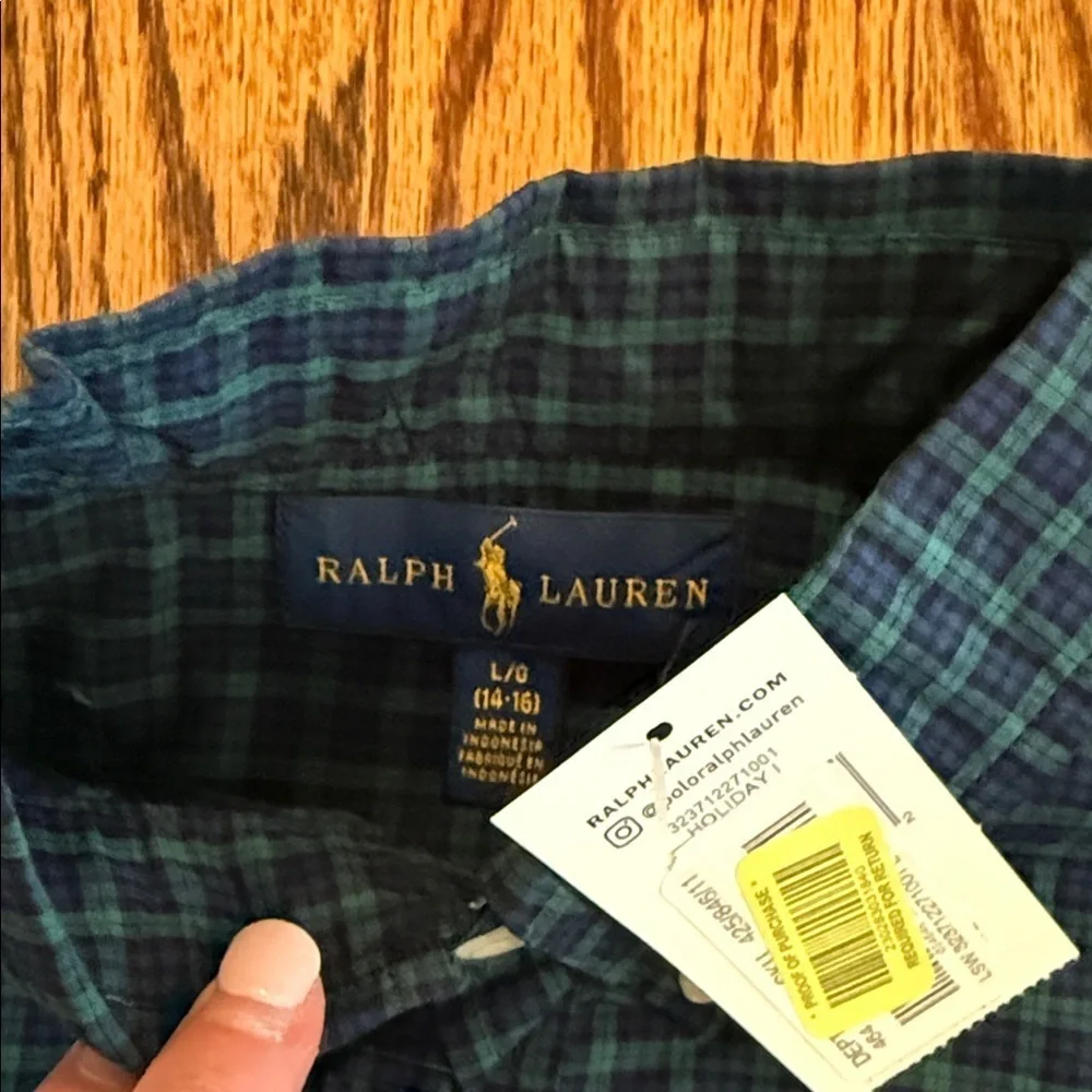 Polo Ralph Lauren boys navy and green plaid oxford shirt size large (14-16) NWT
